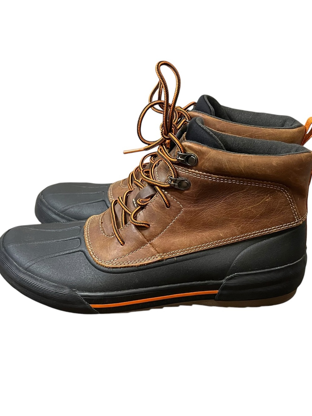 Clarks Brown Leather and Black Rubber Outdoor Lace-Up Boots with Orange Accent